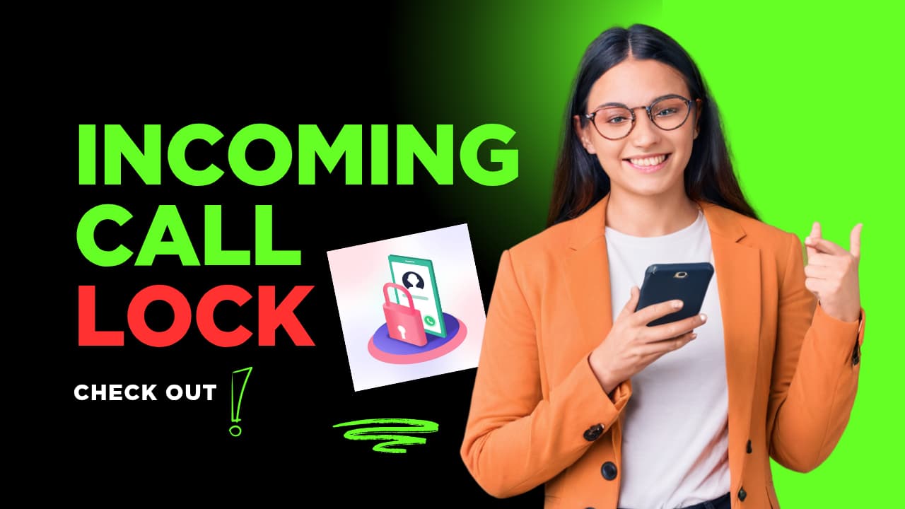 Incoming Call Lock app interface showing a secured call screen with fingerprint authentication and customizable themes for Android privacy." (Includes keywords: "secured call screen," "fingerprint authentication," "customizable themes," and "Android privacy.